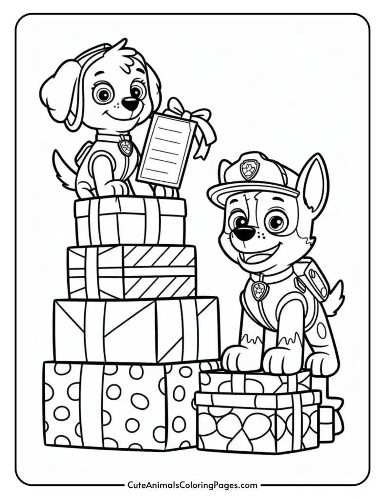 Two cartoon puppies in uniforms sitting on a stack of wrapped gifts, one holding a list; a coloring page image.