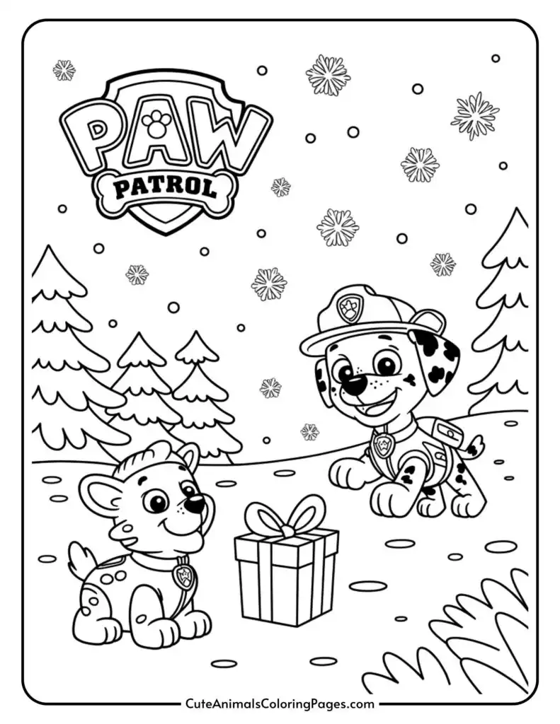A coloring page featuring two puppies from the Paw Patrol series, sitting in a snowy landscape with pine trees and snowflakes. A gift box with a bow is placed between them, and the Paw Patrol logo is displayed at the top.