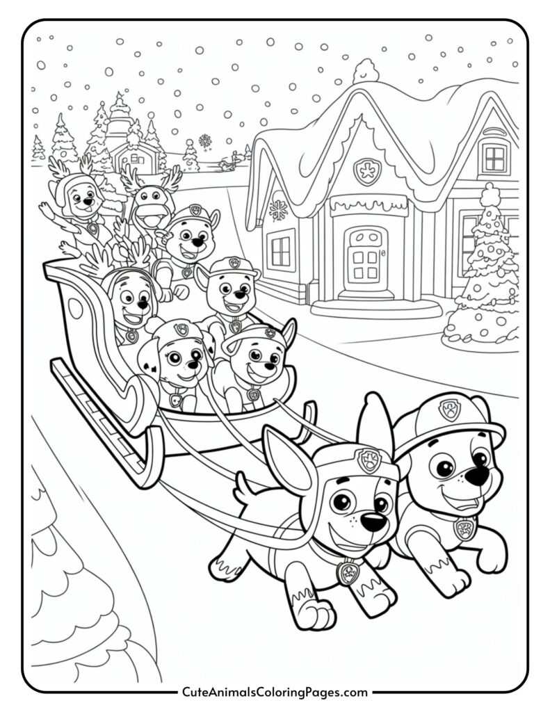 A coloring page featuring cartoon dogs in rescue team costumes slogging through a snowy village. In the background are snow-covered trees and a decorated house, and snow is falling from the sky.
