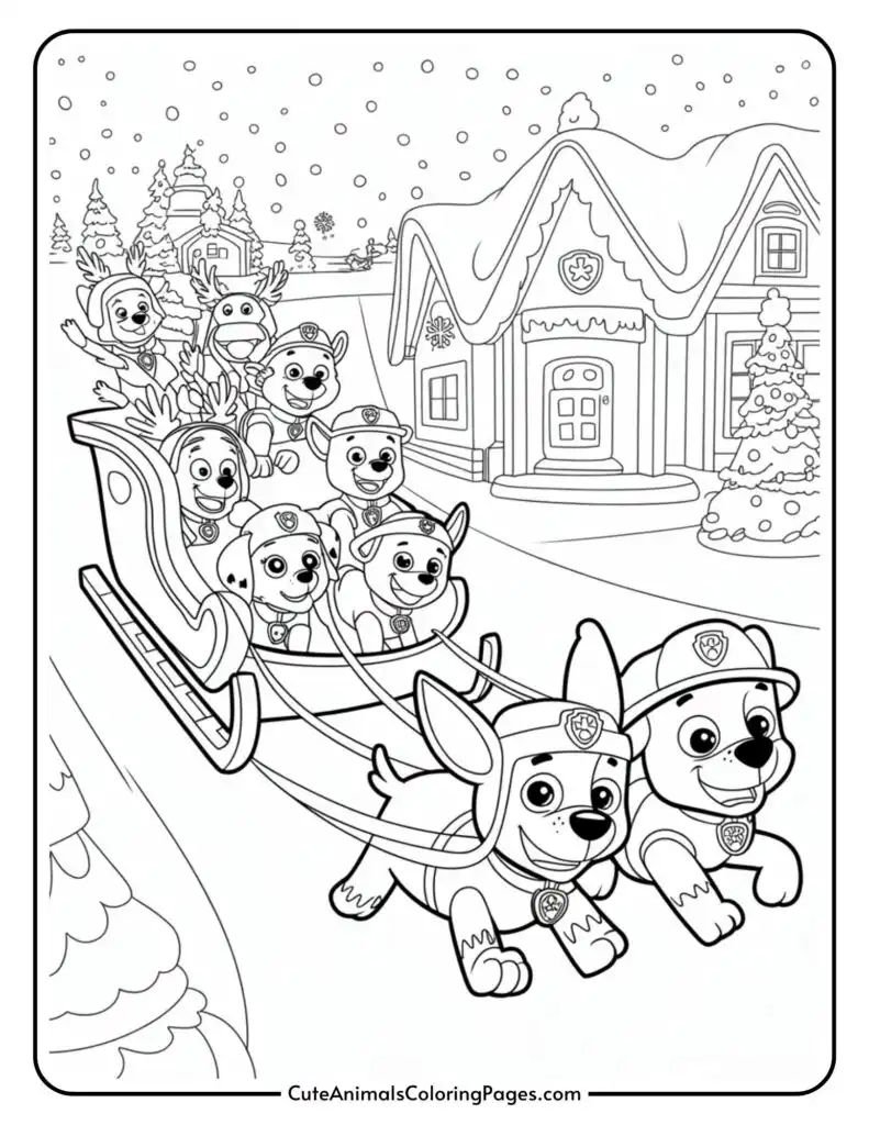 A coloring page featuring cartoon dogs dressed as a rescue team, pulling a sleigh through a snowy village. Snow-covered trees and a decorated house are in the background, and snowflakes are falling from the sky.