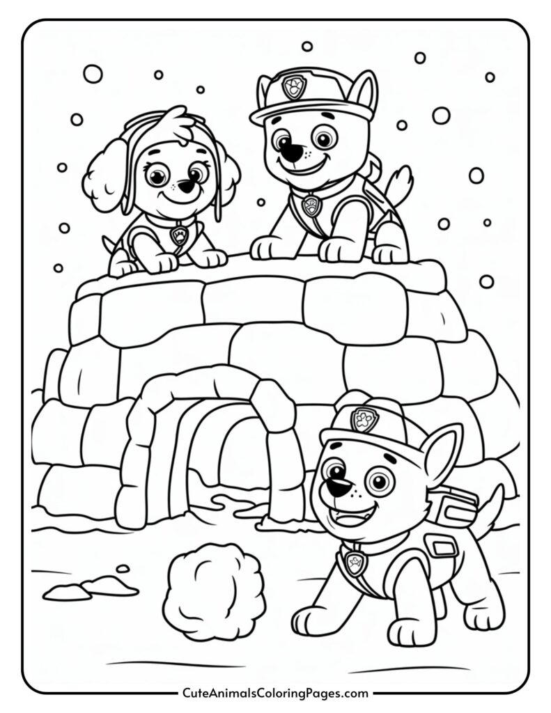 Three cartoon dolls wearing badges and hats play around a snow igloo. Snow is falling from the sky.