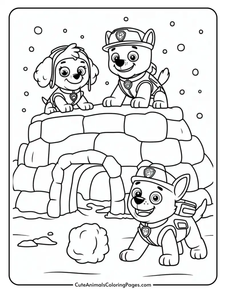 Three cartoon puppies wearing badges and hats are playing around a snow igloo. Snow is falling from the sky.