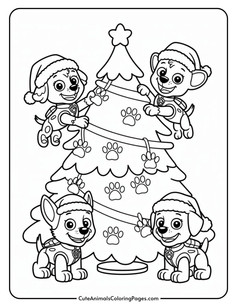 Coloring page of four cartoon dolls wearing Santa hats, decorating a Christmas tree with paper-print ornaments.