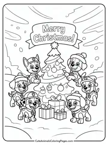Coloring page featuring cartoon puppies dressed in winter hats and scarves gathered around a decorated Christmas tree with gifts underneath, and a banner overhead saying 'Merry Christmas!'