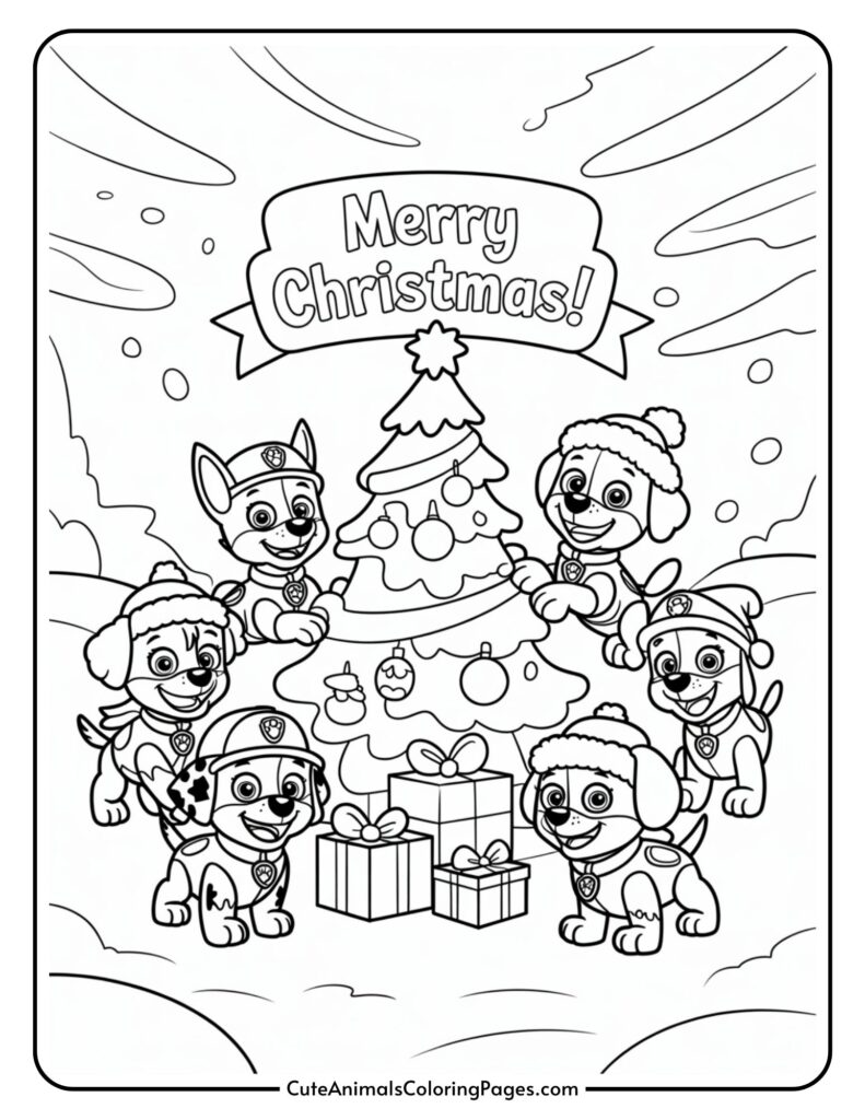 Coloring page with cartoon dolls in hats and winter hats gathered around a decorated Christmas tree with presents below, and a banner on