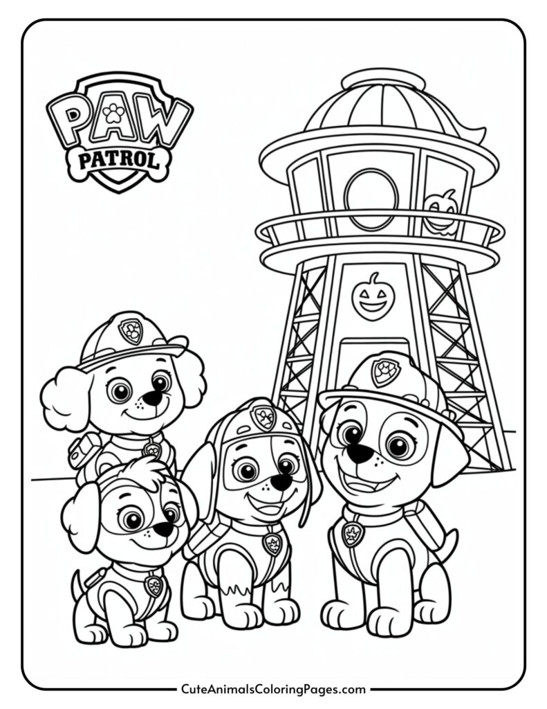 PAH-colored patrol page that four carton cartons that make uniforms and mortars stand in front of a long seed with jack-o'-lantern decorations. Pah's patrol logo is in the upper left corner.