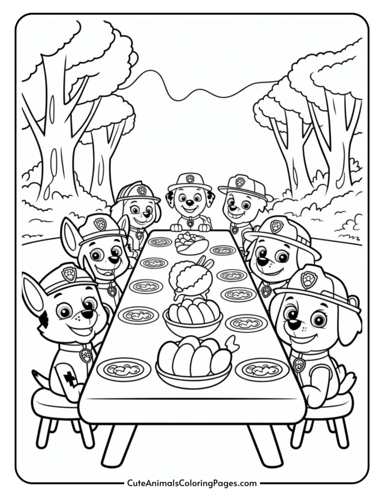 Animals cartoon dressed with fires on a long desk, with the trees of the trees, with food plates in front of them and a large dance in front of them and in the center.