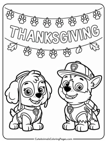 A coloring page featuring two cartoon puppies in uniforms with badges, standing beneath a banner that reads 'THANKSGIVING' adorned with paw prints and leaves.