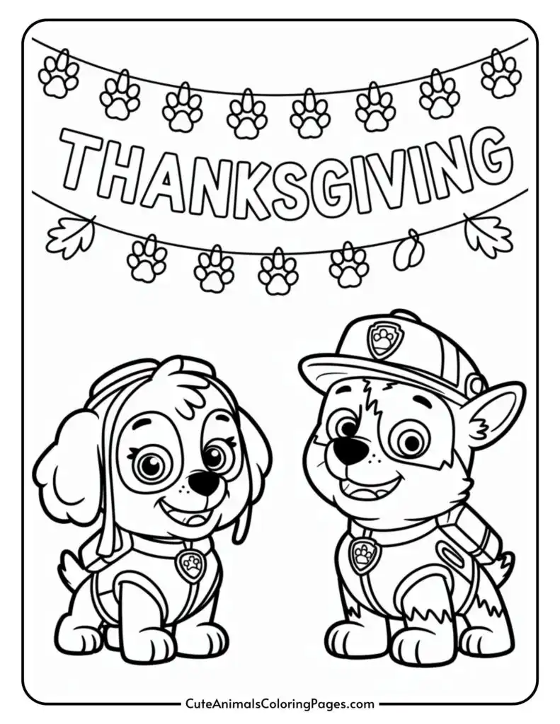 A coloring page featuring two cartoon puppies in uniforms with badges, standing beneath a banner that reads 'THANKSGIVING' adorned with paw prints and leaves.