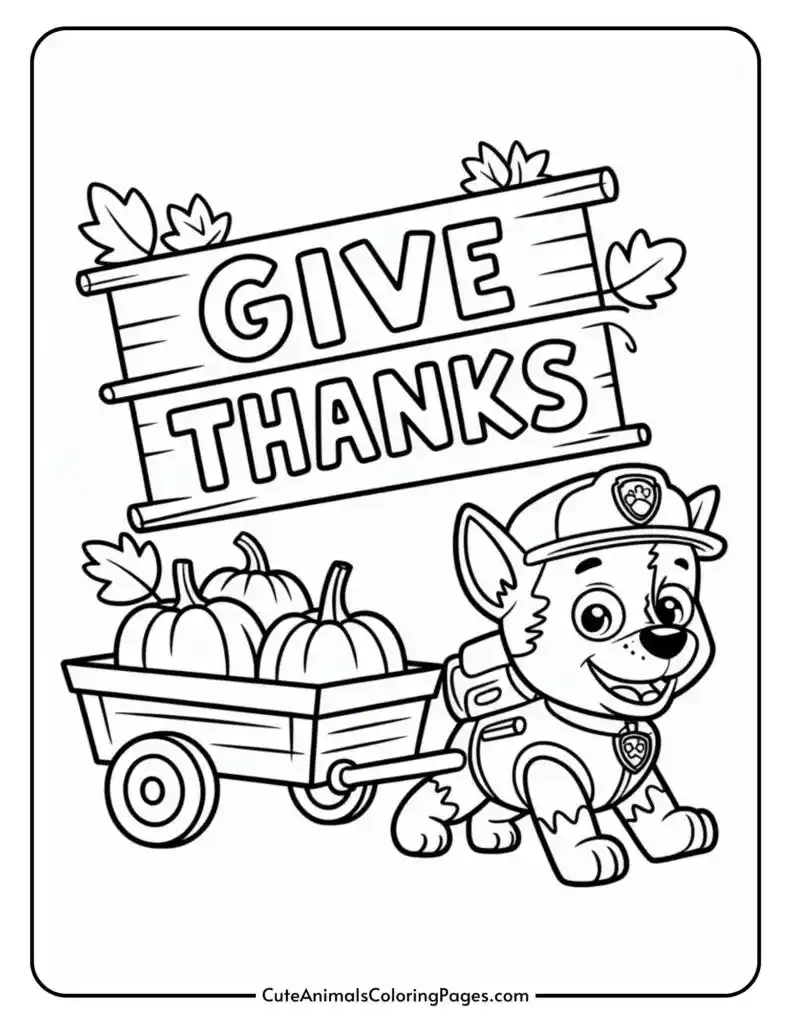 A cartoon dog wearing a uniform pulls a wagon of pumpkins under a sign that says 'Give Thanks.'