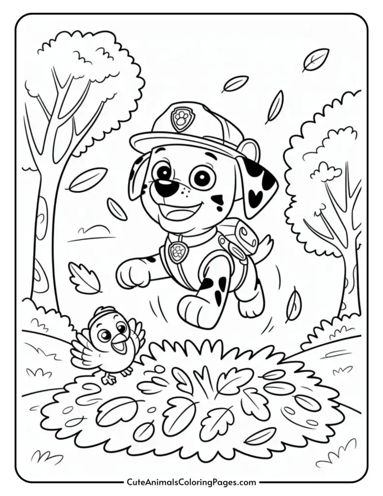 A cartoon dog wearing a firefighter's hat and vest is joyfully jumping through a pile of leaves in a park, accompanied by a small, cheerful bird. The background features trees with falling leaves, adding to the autumn theme.