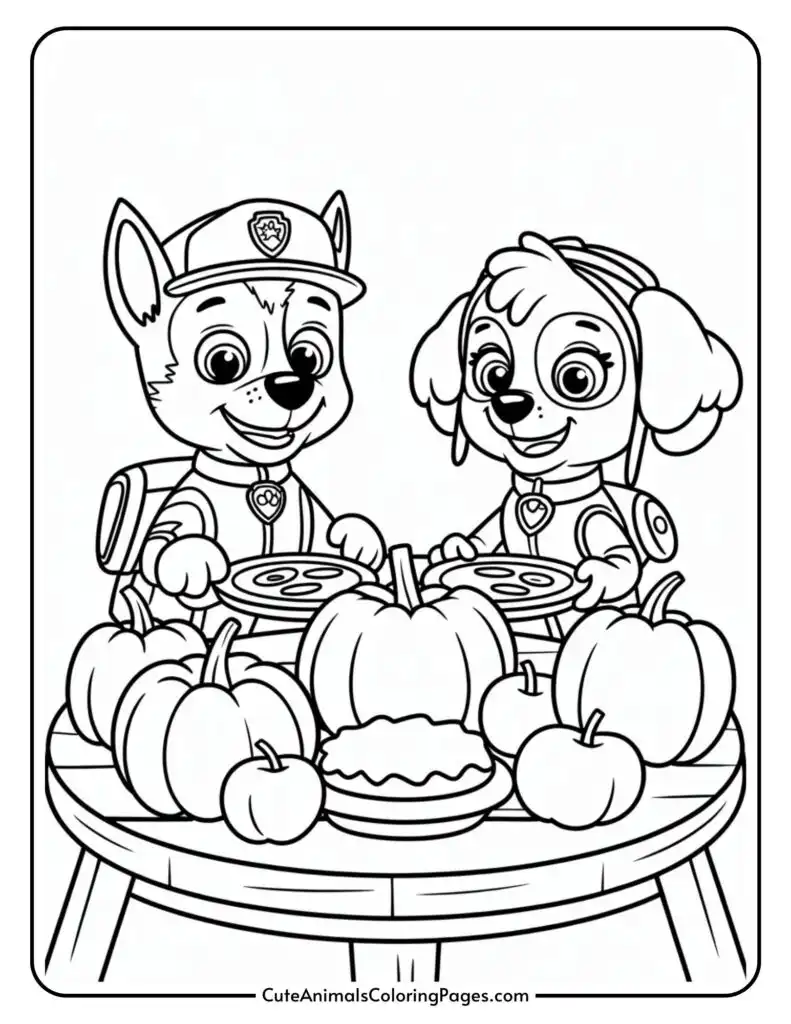 Two cartoon dog characters are sitting at a table with pumpkins and pies, wearing uniforms with badges, in an outlined coloring page style.