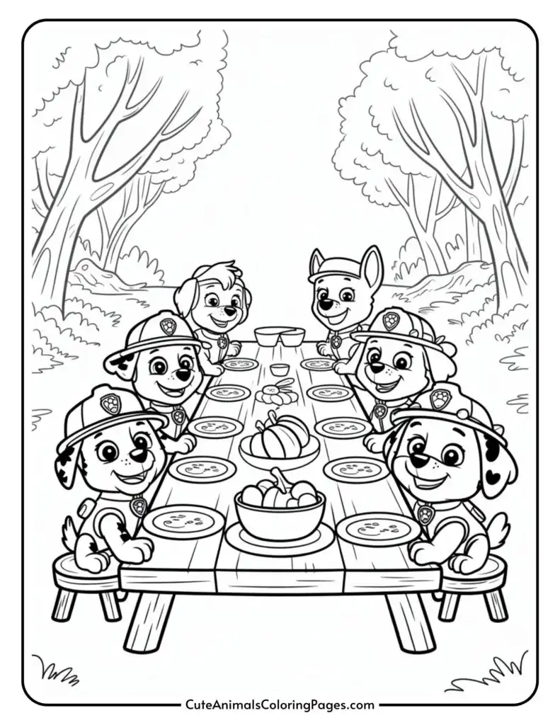 Cartoon puppies wearing uniform hats sit around a picnic table in a park, with bowls of food and a pumpkin centerpiece.