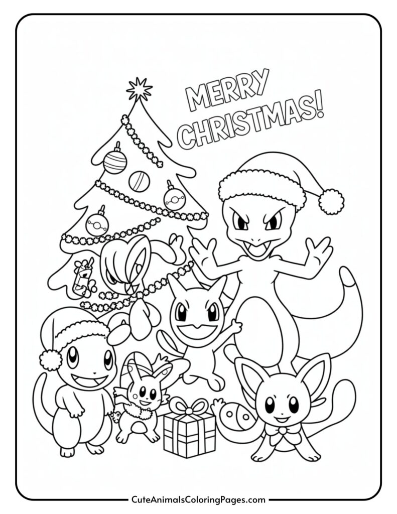 Rûpelê rengîniyê ku tê de heywanên karîkaturî yên ku pêlên Santa li xwe kirine, li dora dara Sersalê ya xemilandî bi