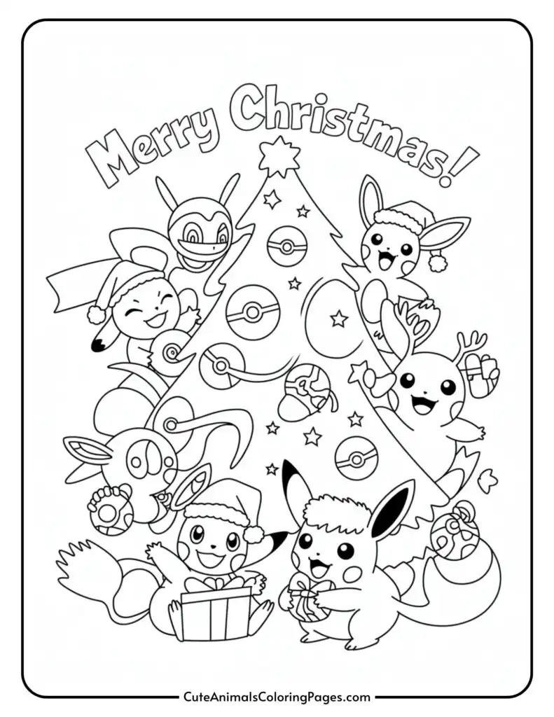 A Christmas-themed coloring page featuring popular animated characters around a Christmas tree decorated with Pok&eacute; Balls. The characters are wearing festive hats and holding gifts, with "Merry Christmas!" written at the top.