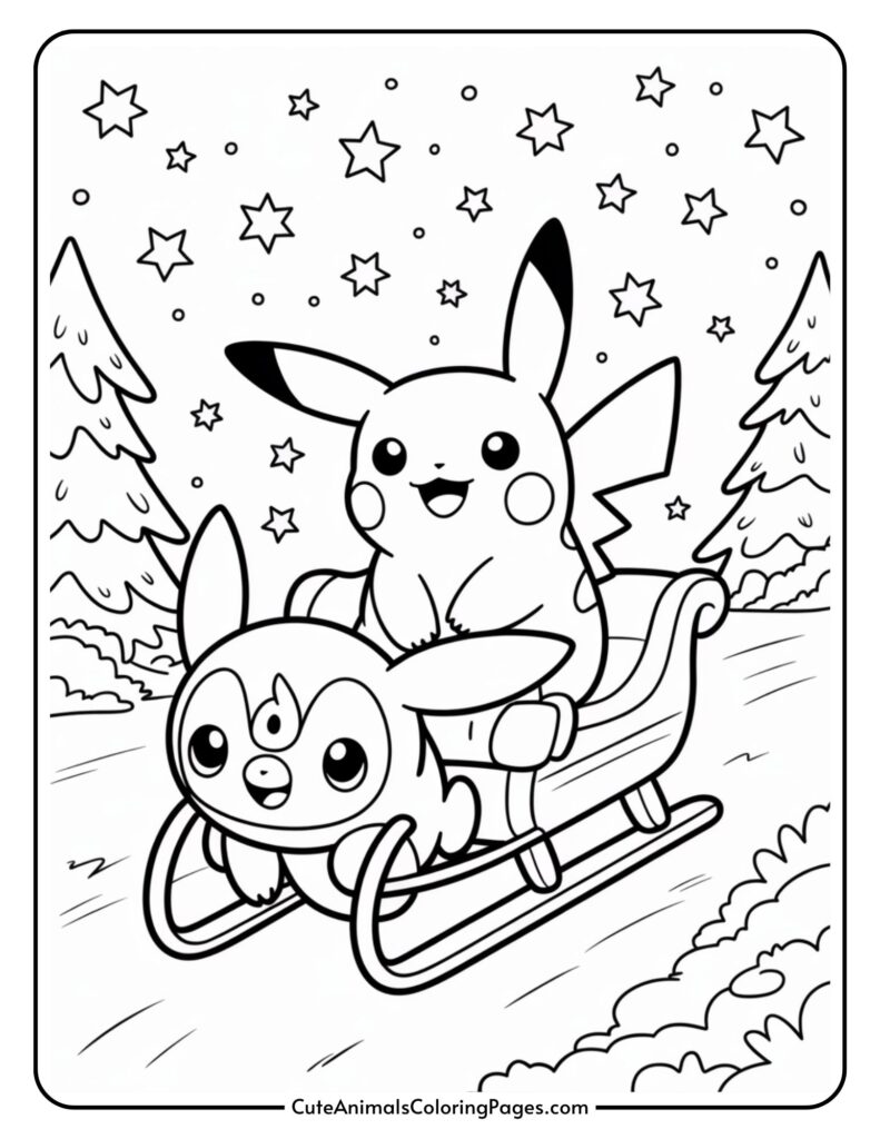 Du karakterên kartonê ku dişibin Pikachu û mexlûqek din, bi şahî bi sîyasetê di nav deverek berf û stêrk a ku li paş wê darên çamê ne, diherikin.