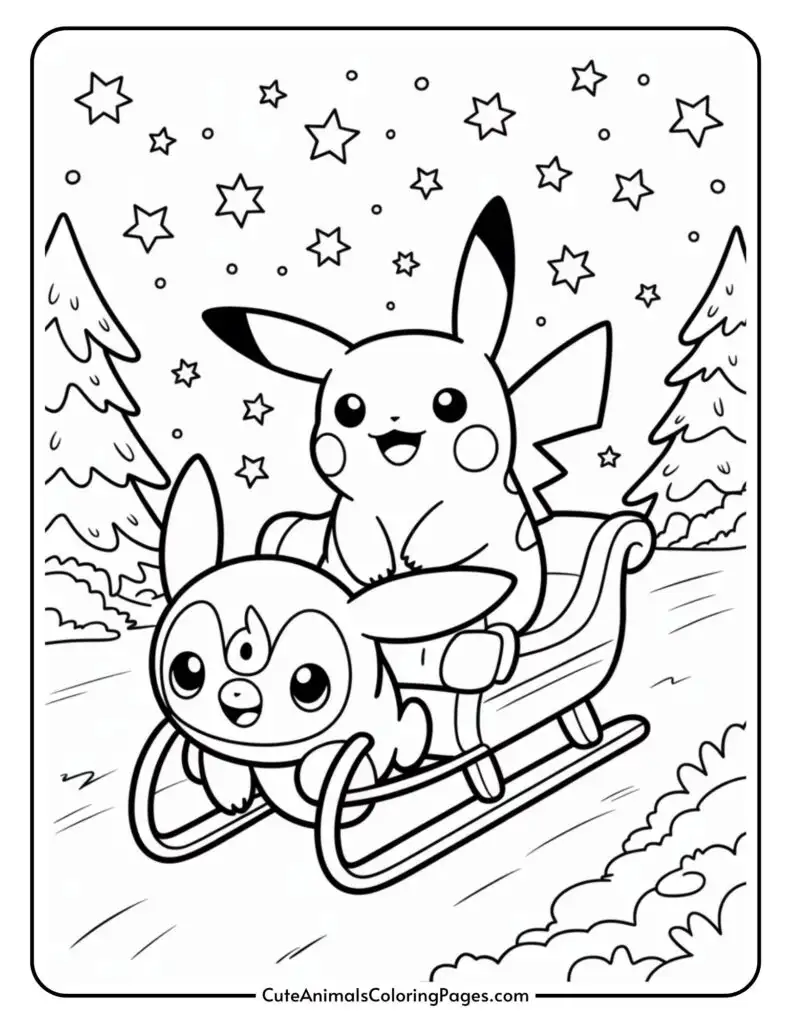 Two cartoon characters resembling Pikachu and another creature are joyfully sledding downhill through a snowy, starry landscape with pine trees in the background.