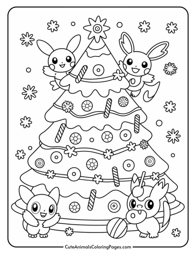 Rûpelek rengîn a ku çar heywanên karîkaturê yên delal vedihewîne, du li jor û du jî li jêr, li dora dara Sersalê ya xemilî ya bi xemilandin û kaniyên şîrîn.