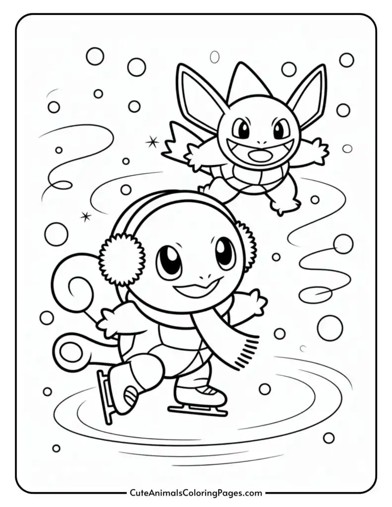 A cartoon character wearing earmuffs, scarf, and ice skates is joyfully skating on an icy surface with snowflakes around. Another smaller character with bat-like ears is hovering above, smiling widely.