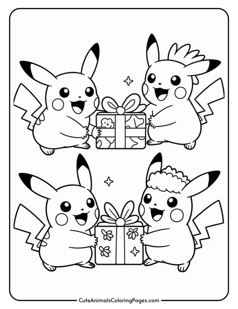 Du nîgarên karakterên Pikachu ku diyariyên pêçandî bi kevanan diguhezînin, yek bi qalibekî kulîlk û ya din bi xêz; herdu cotên Pikachu bi şahî dibişirîn.