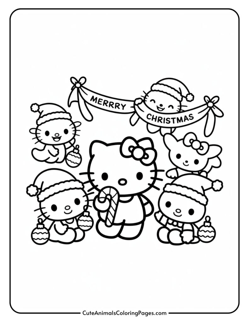 A coloring page featuring Hello Kitty and her friends in Christmas costumes, holding ornaments, and a candy bottle, with a banner that reads