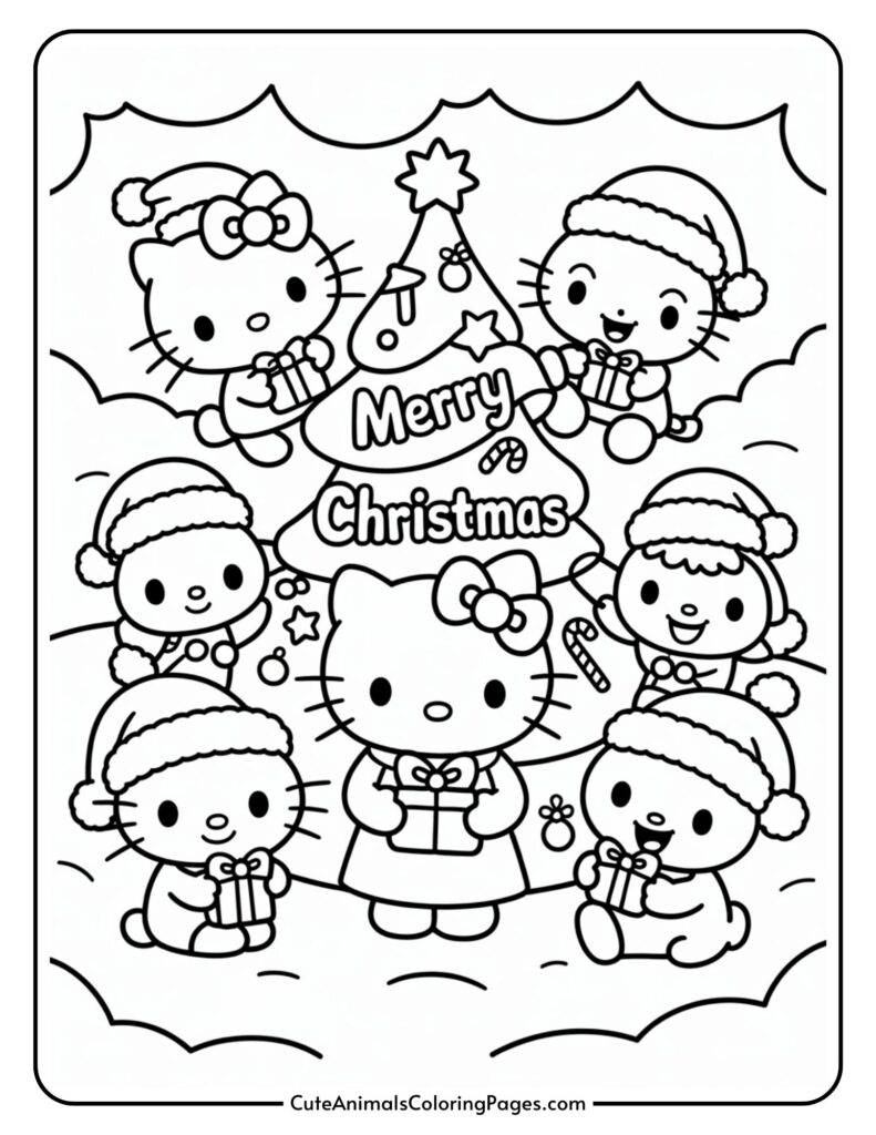 A coloring page featuring Hello Kitty and her friends in Santa hats holding presents around a decorated Christmas tree with words