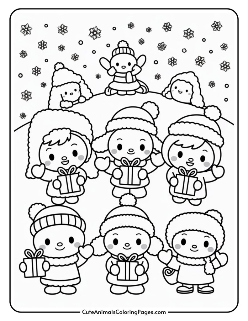 A coloring page showing six cartoon characters dressed in winter clothes, holding presents and smiling. Snowflakes are falling around them, with two other characters looking over a snowy hill in the background.