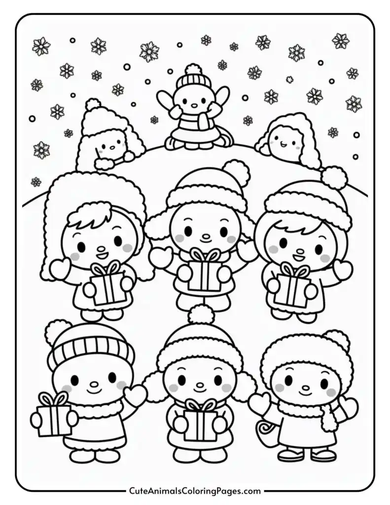 A coloring page depicting six cartoon characters dressed in winter clothing, holding gifts, and smiling. Snowflakes are falling around them, with two additional characters peeking over a snowy hill in the background.