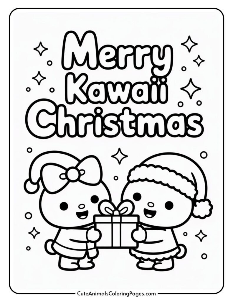 A coloring page with the text 'Kawaii Merry Christmas' surrounded by stars and dots. Below, two cute characters in Christmas costumes, one with a bow and one with a Santa hat, are holding a gift box together. The characters have round faces with simple, kawaii features. Image courtesy of CuteAnimalsColoringPages.com.