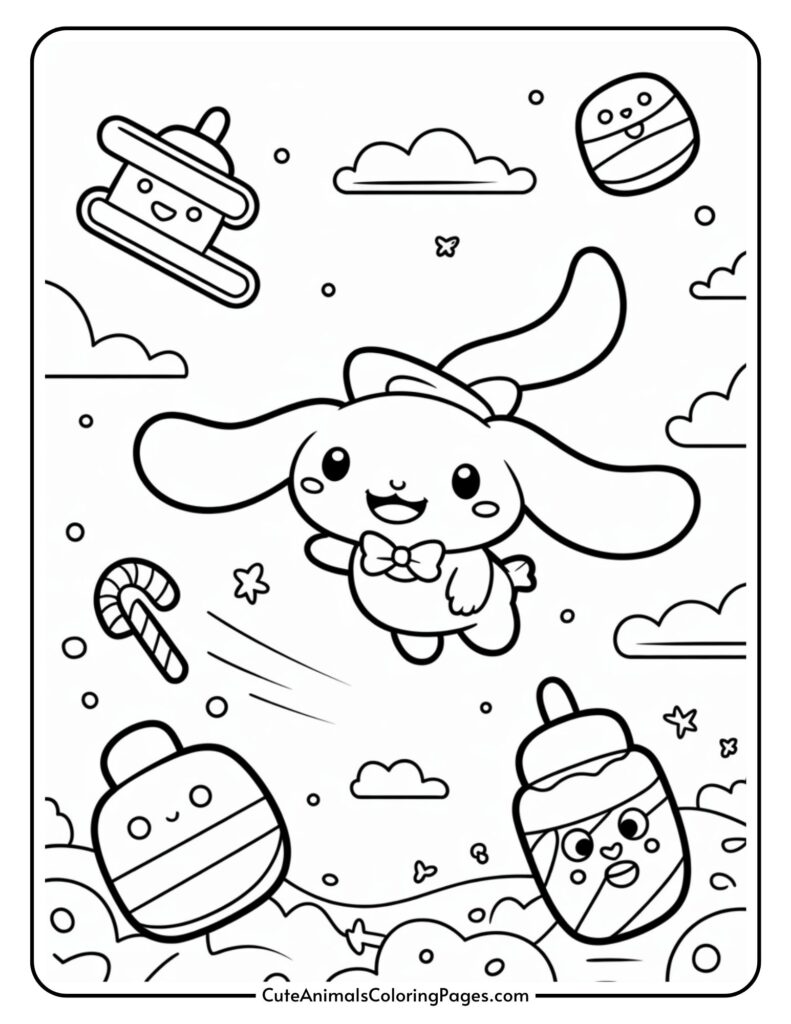 A coloring page featuring a cute creature with long ears and a bow running through clouds, candy canes, and food items with smiley faces in a magical setting.