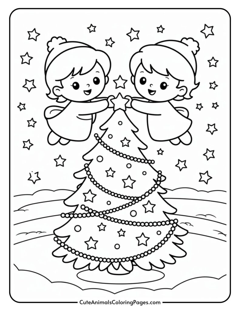 Black and white illustration of two children in winter clothes placing a star on a decorated Christmas tree, surrounded by stars.