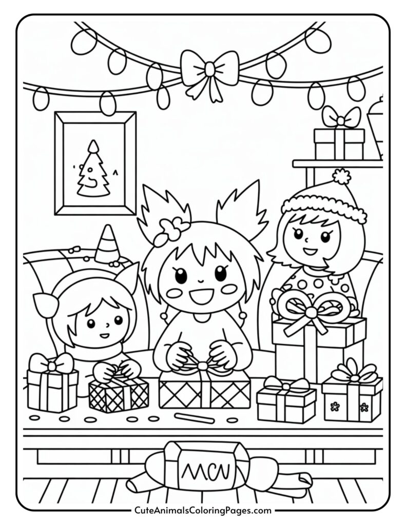 Illustration of three children wearing holiday hats happily wrapping presents on a table, with Christmas decorations and wrapped presents in the background.