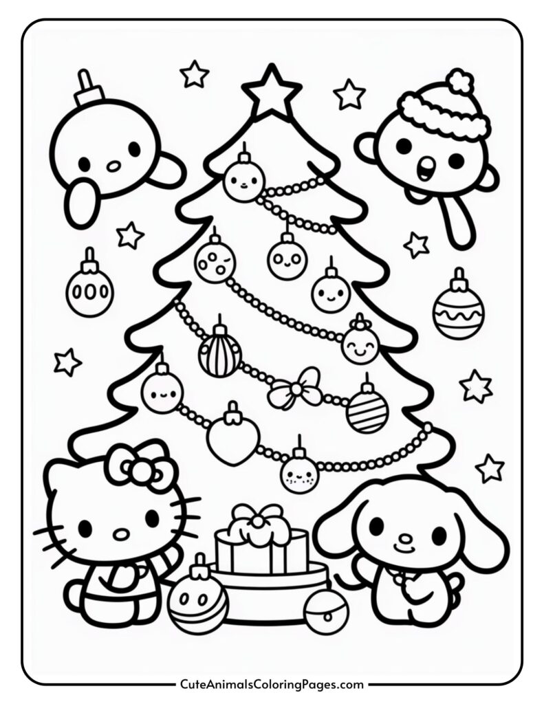 Cute animal characters adorn the Christmas tree with ornaments and garland, surrounded at the base by stars and gift boxes.