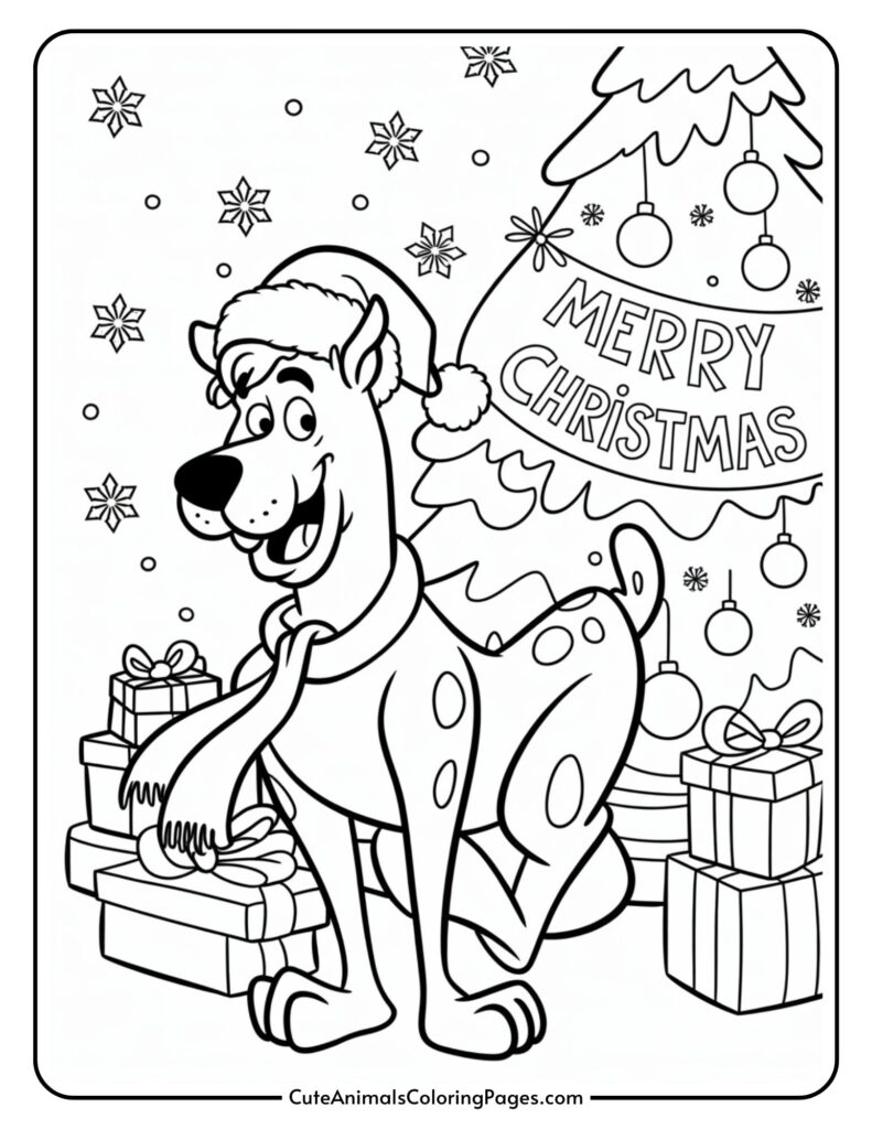 A cartoon dog wearing a Santa hat and hat stands in front of a Christmas tree with a 