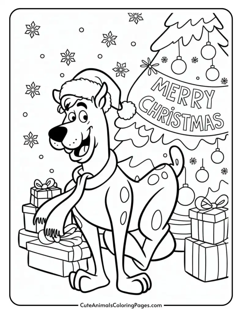 A cartoon dog wearing a Santa hat and hat stands in front of a Christmas tree with a 