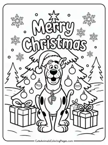 A cartoon dog wearing a Santa hat sits in front of a decorated Christmas tree with presents underneath, surrounded by snowflakes and the text 'Merry Christmas' above.