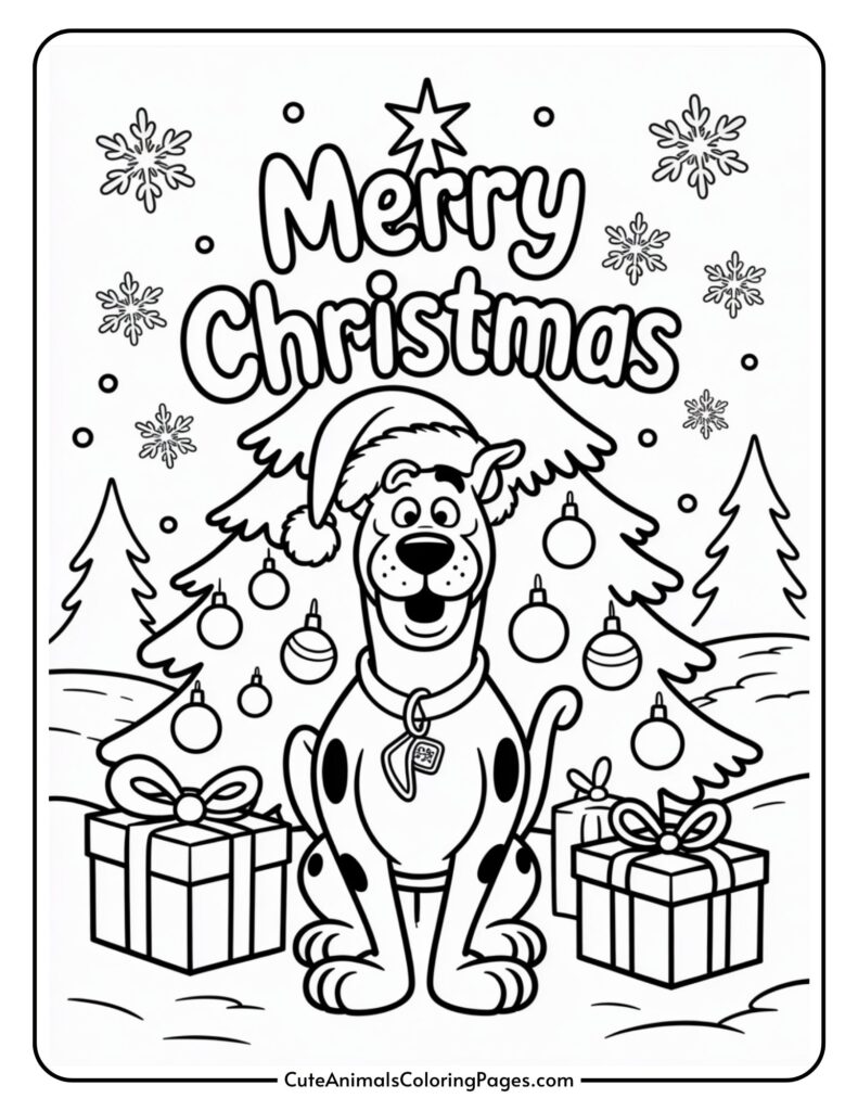 A cartoon dog wearing a Santa hat is sitting in front of a decorated Christmas tree with presents underneath, surrounded by snowflakes and the words 'Merry Christmas' above.