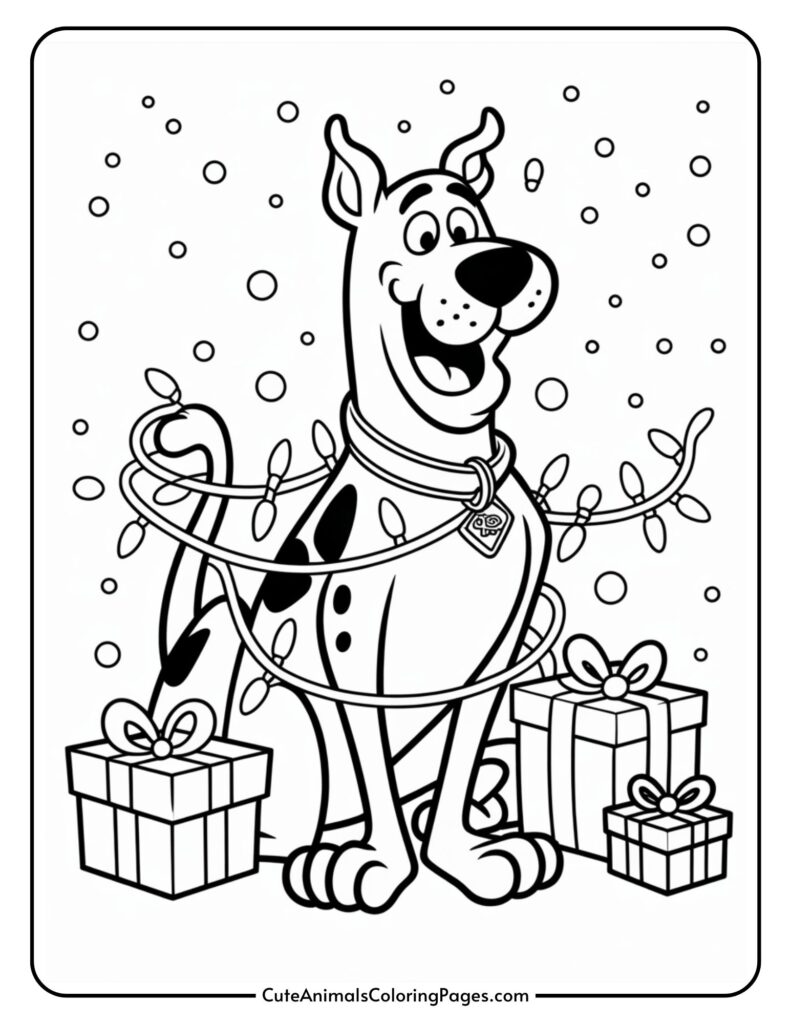 A cartoon dog sits with a happy expression, wrapped in holiday lights and surrounded by decorated gift boxes, with snowflakes falling in the background.