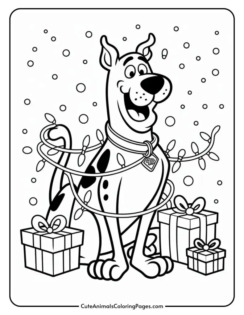 A cartoon dog sitting with a happy expression, wrapped in holiday lights and surrounded by decorated gift boxes, with snowflakes falling in the background.