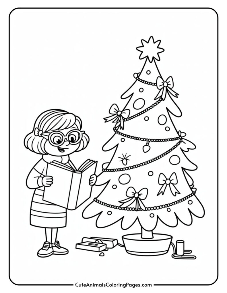 Illustration of a bespectacled girl reading a book next to a decorated Christmas tree decorated with ornaments, ribbons and stars, with presents placed under the tree.