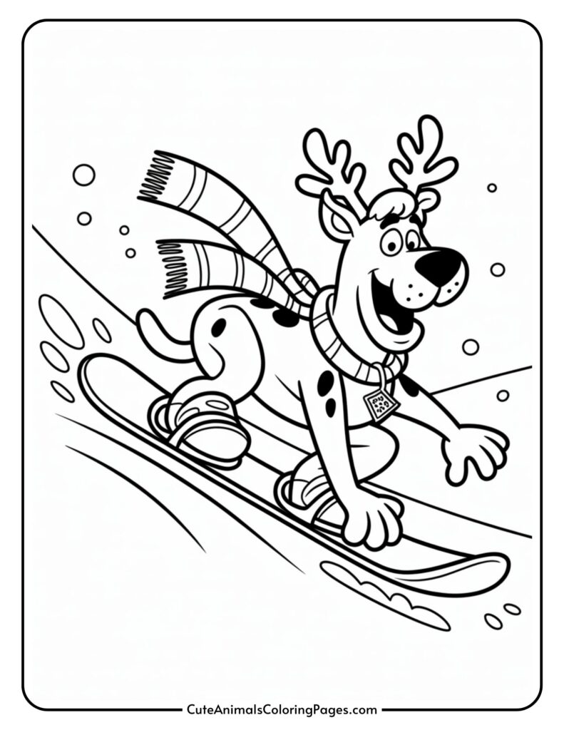 A cartoon dog dressed as a reindeer, with a striped hat, was sledding down the snow.