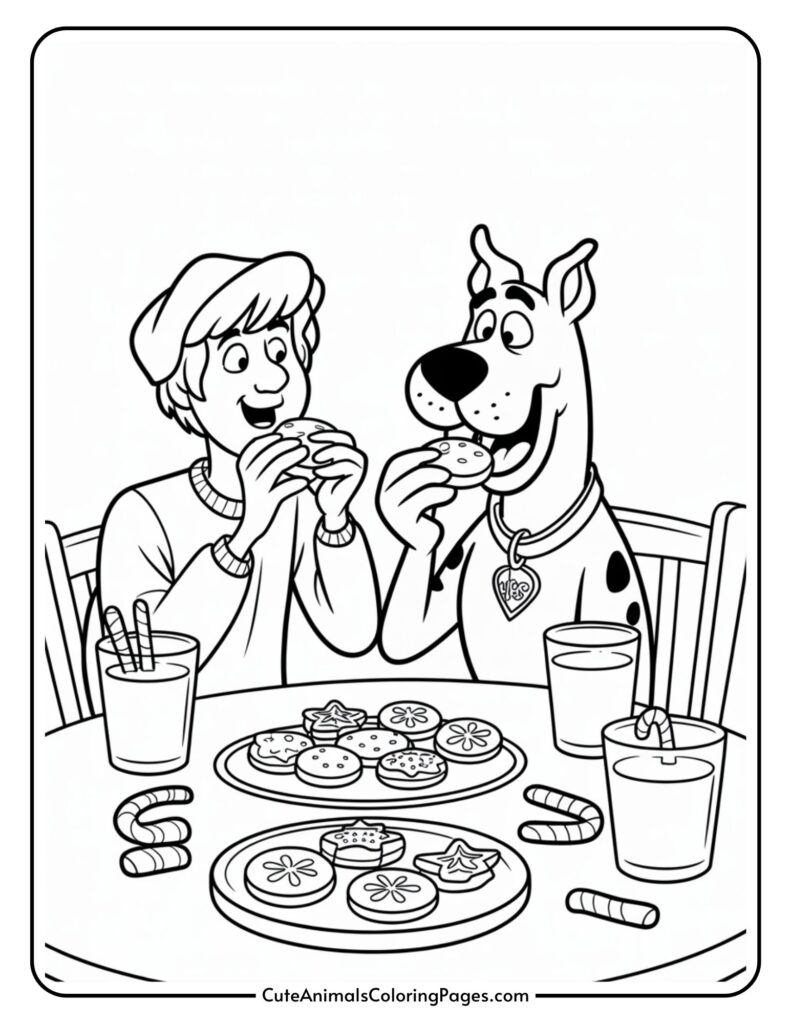 A cartoon dog and a person are sitting at a table, enjoying cookies and drinks, with plates full of cookies and several glasses of milk in front of them.