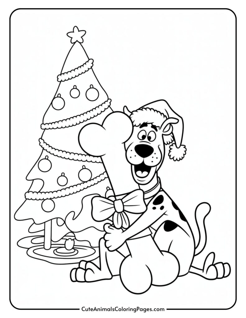 A cartoon dog wearing a Santa hat and hugging a giant bone with a squeal in front of a decorated Christmas tree.