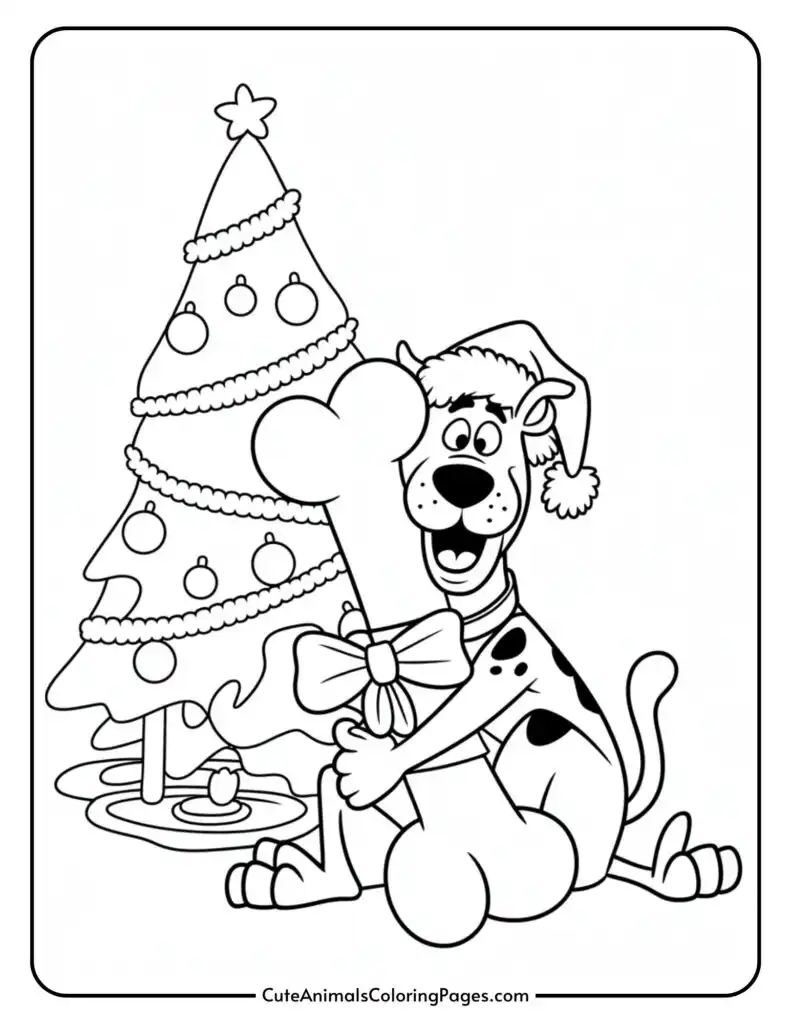 Cartoon dog wearing a Santa hat hugging a giant bone with a ribbon in front of a decorated Christmas tree.