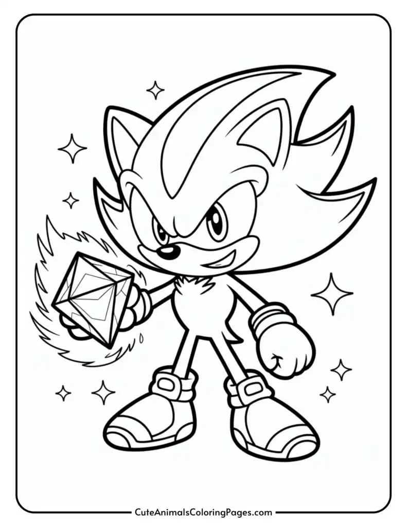 A coloring page featuring an animated character with spiky hair holding a large, faceted gemstone. The character is in a dynamic pose with a confident expression, and stars are scattered in the background. The page has a simple, outlined design with space for coloring.