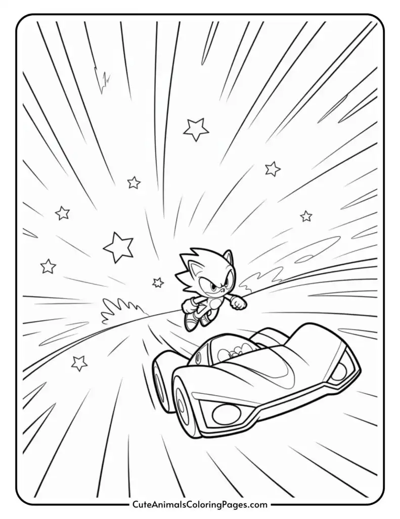A cartoon character resembling an anthropomorphic hedgehog is jumping energetically in front of a futuristic racing car, surrounded by dynamic lines and stars, suggesting high speed and excitement.