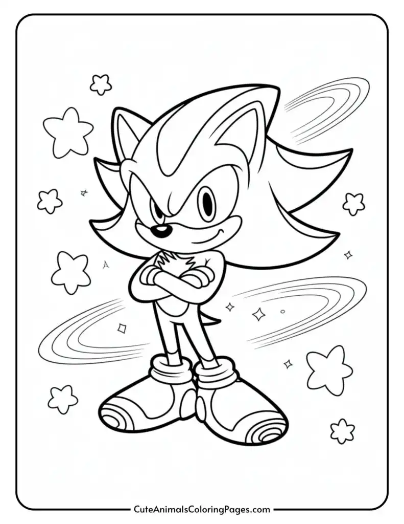 A coloring page featuring a cartoon hedgehog standing with crossed arms, surrounded by stars and swooshing lines indicating movement. The character has spiky hair and large shoes, exuding a confident expression.