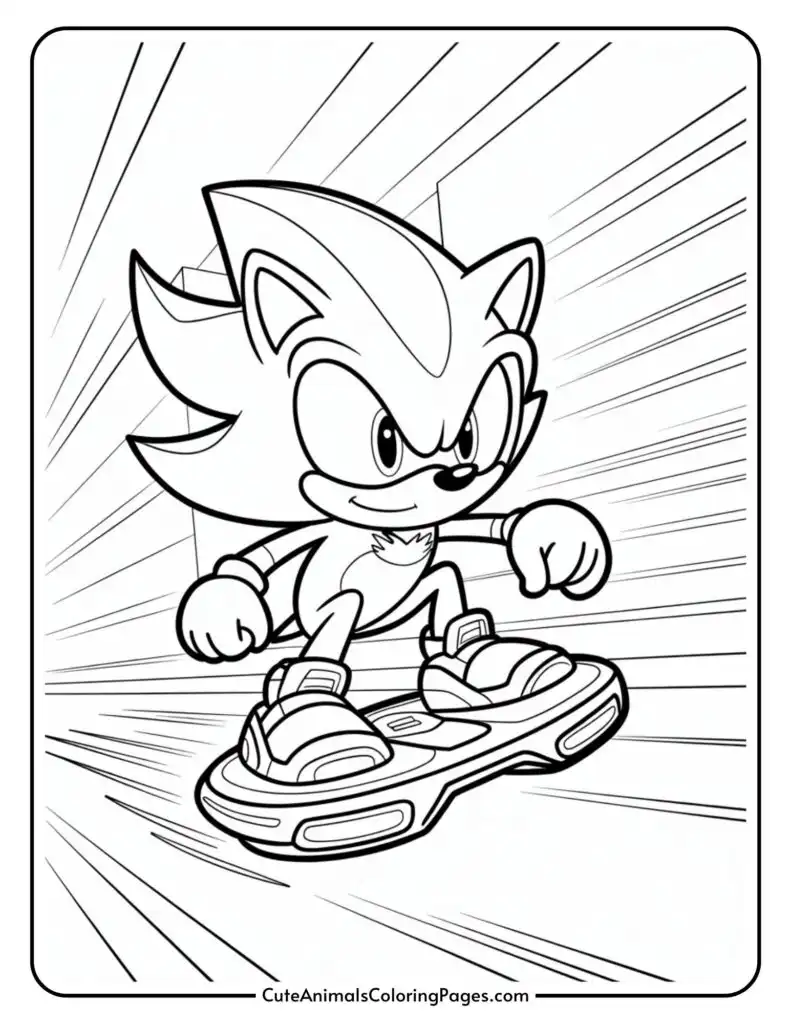 Cartoon hedgehog character riding a futuristic hoverboard at high speed, with dynamic motion lines in the background.