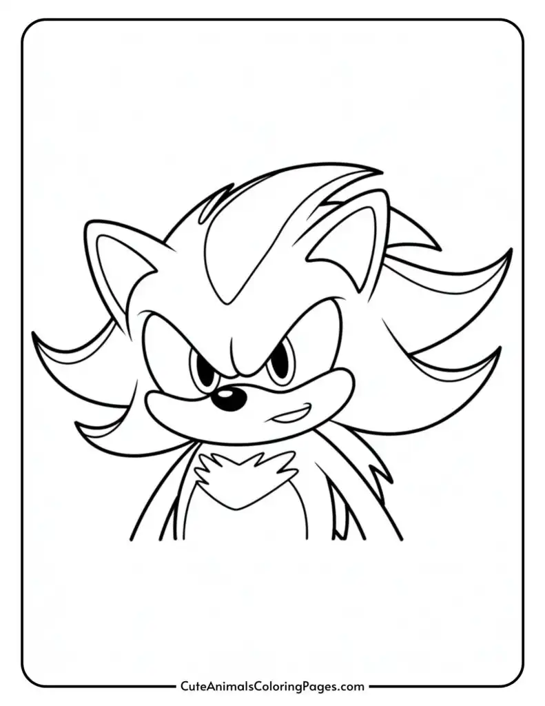 Outline drawing of an animated hedgehog character with a serious expression, displaying large eyes, pointed ears, and spiky hair.