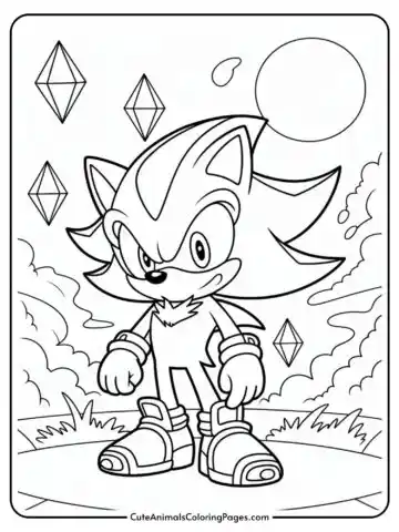 A coloring page featuring a cartoon hedgehog character with spiky hair and shoes, standing on a grassy landscape with geometric shapes in the sky, possibly representing crystals.